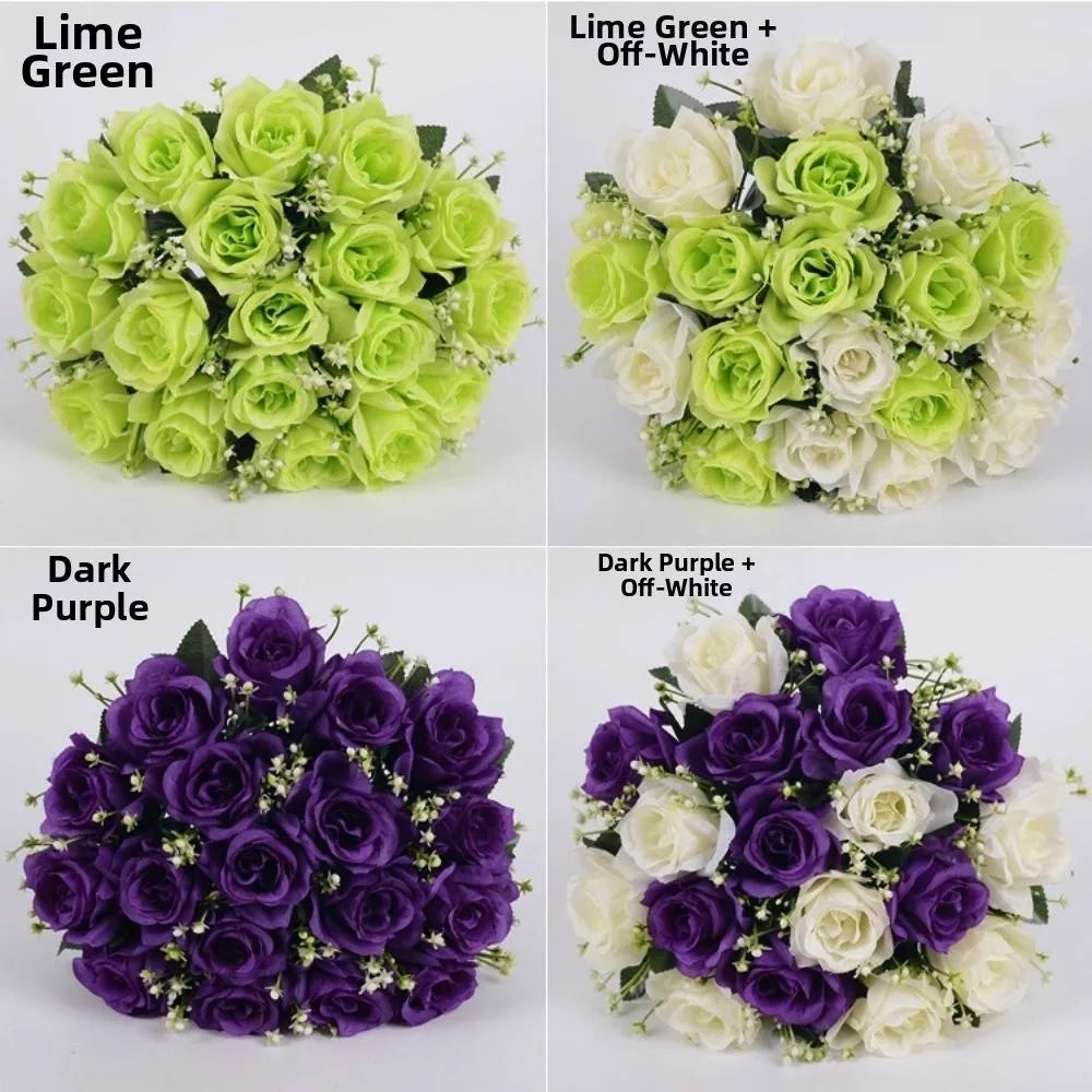 décoration intérieure bouquet roses artificielles 18 fleurs 37cm vert clair violet rose