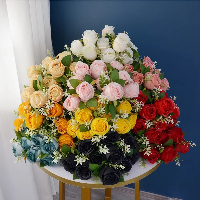 décoration extérieure bouquet roses artificielles soie couleurs variées modernes élégantes feuilles vertes incluses