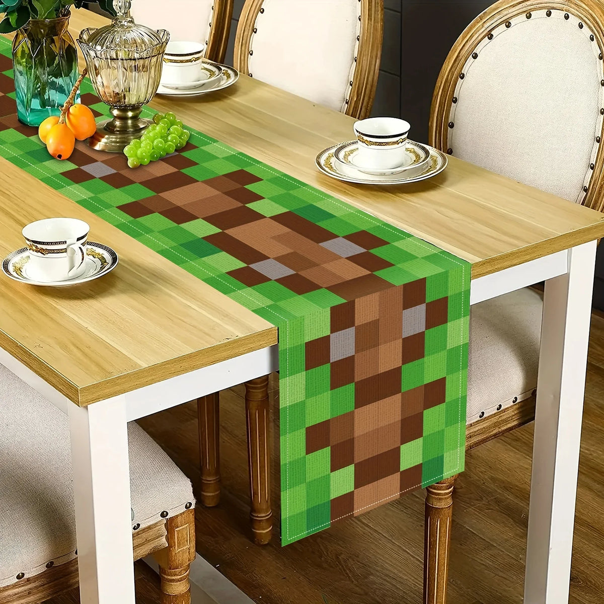 tapis table jeu vidéo pixel art moderne vert marron gris blocs décoration