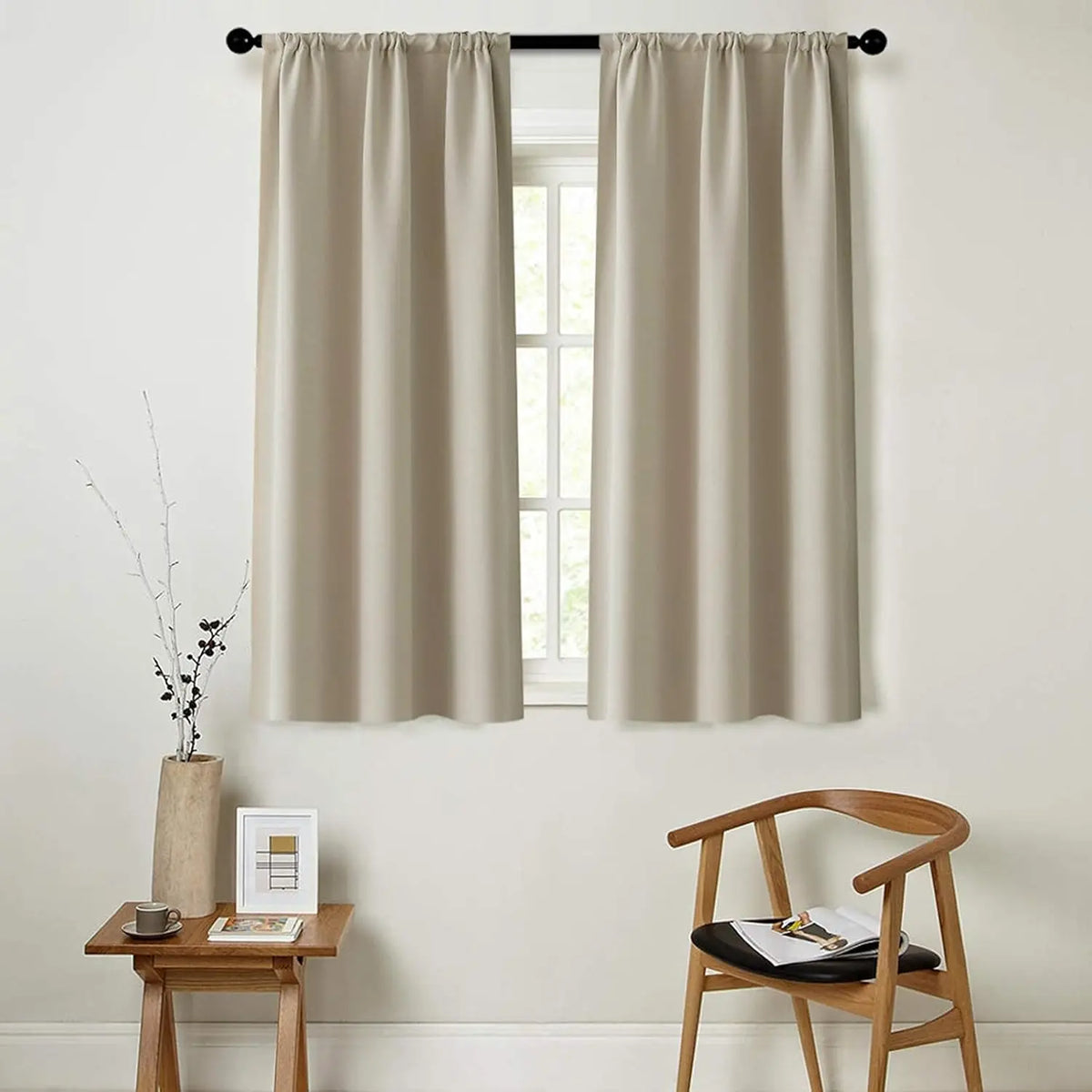 rideau moderne polyester uni beige clair opacité anneaux noirs lot grande taille cuisine