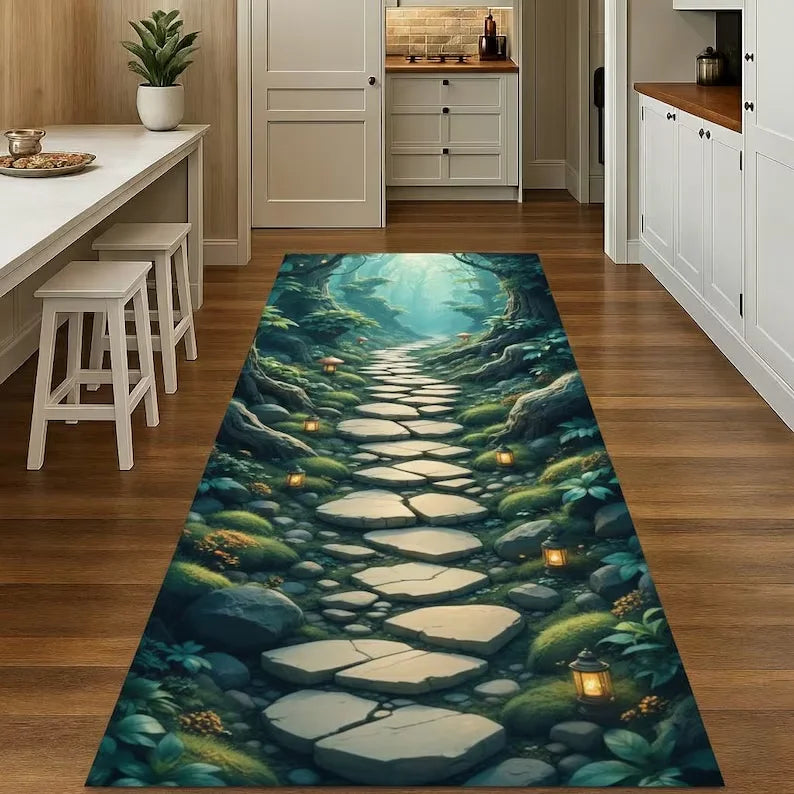 tapis fantastique paysage automnal lumières scintillantes rochers plantes vert bleu orange