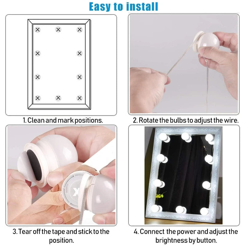 miroir maquillage lumière led blanc moderne interrupteur tactile câble usb 10 ampoules sphères