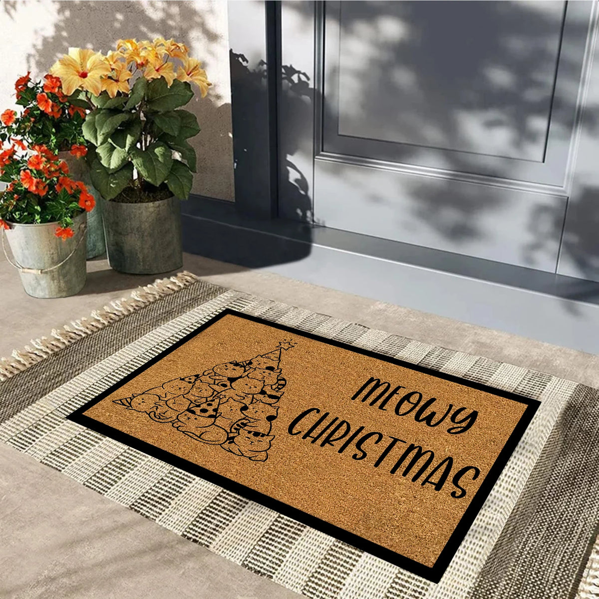 tapis d'entrée antidérapant chats sapin noël meowy christmas marron noir festive decorative