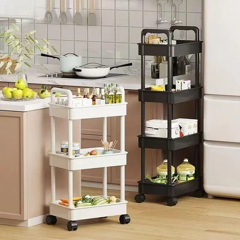 chariot rangement cuisine mobile roulettes paniers poignées noir blanc moderne
