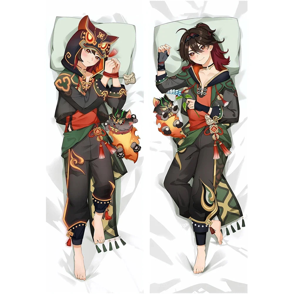 coussin forme allongée imprimé anime personnages féminins couleurs vives vert noir rouge décoration chambre
