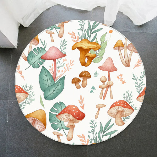 tapis rond champignons feuilles blanc vert orange rouge marron beige antidérapant intérieur extérieur