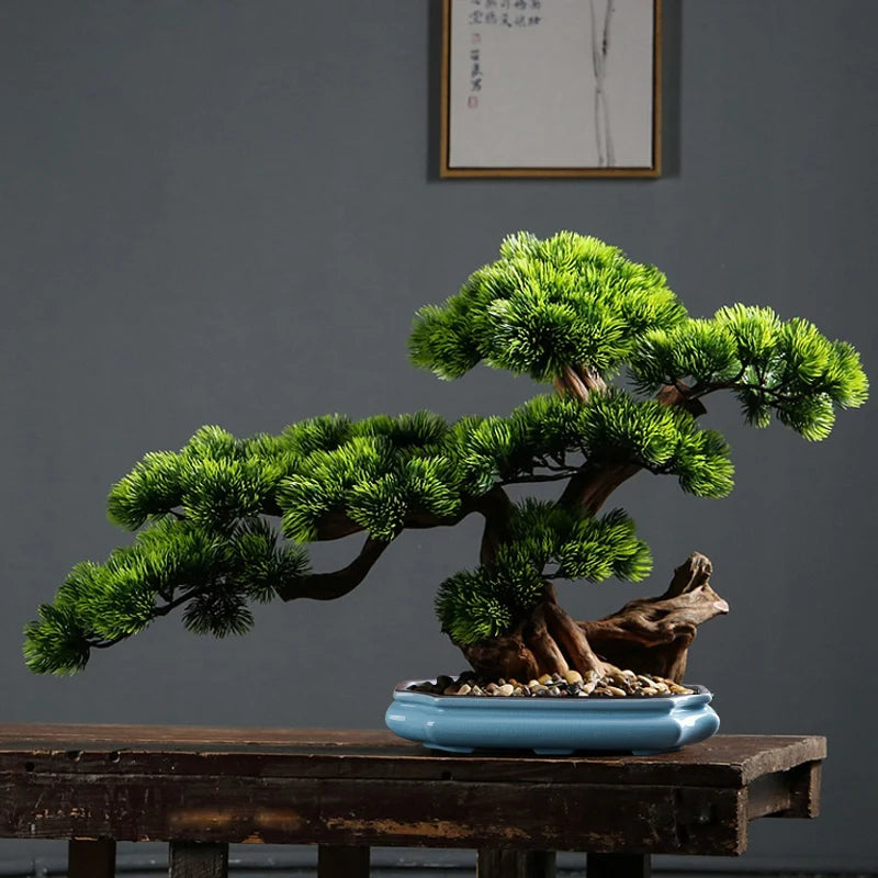 Bonsaï céramique artisanal naturel feuilles vertes bleues terre roches