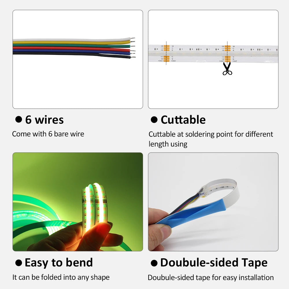 ruban led coB blanc multicolore moderne 24v 840leds câbles non isolés double sided tape