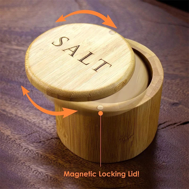 boîte sel bambou rayures horizontales aimant naturelle capacité 6oz classique cuisine organisation rustic