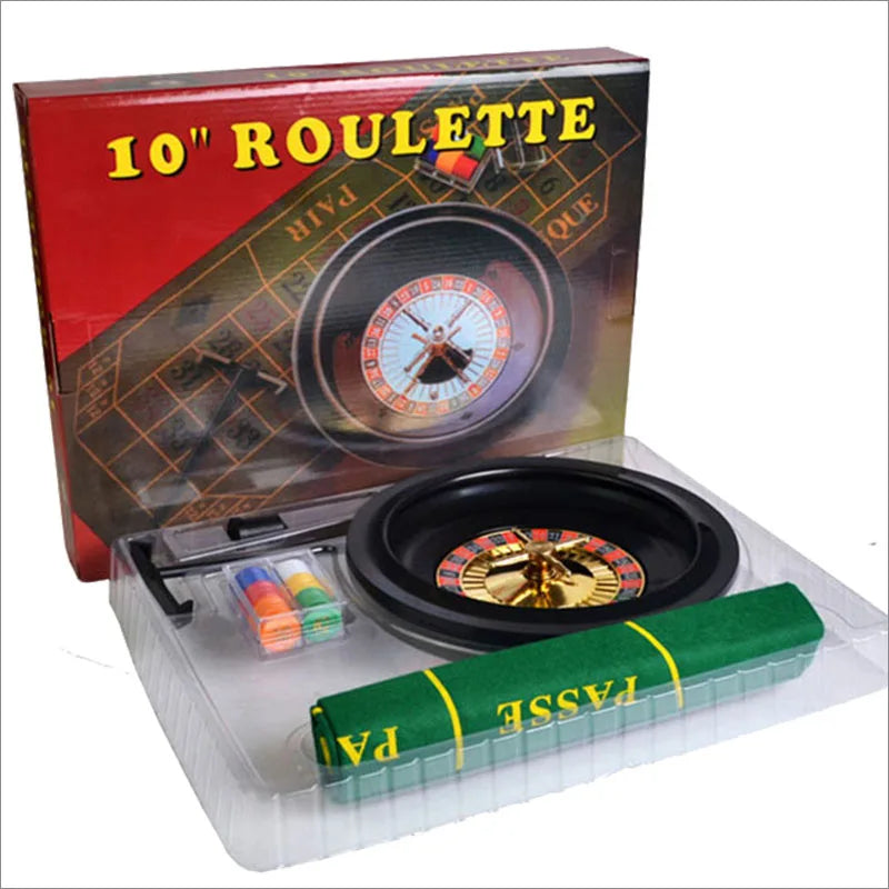 jeu roulette miniature tapis vert jetons colorés numéros dorés compartiments noirs pelle inclusion casino