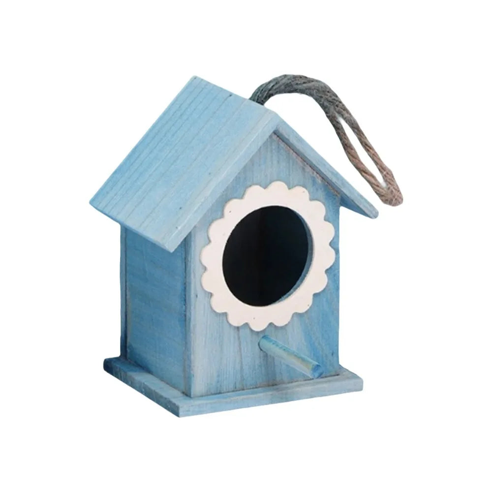 nichoir oiseaux extérieur bois résistant intempéries cordelette suspension porte floral relief bleu clair blanc