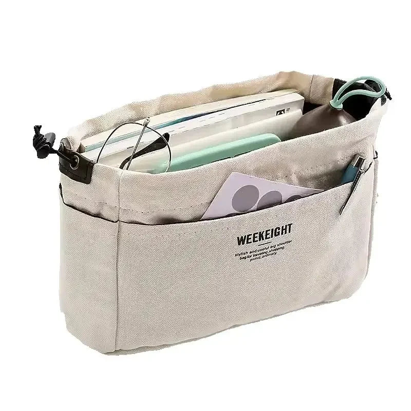 organisateur sac toile beige bleu marine vert olive cordon ajustable poches intérieures réutilisable moderne