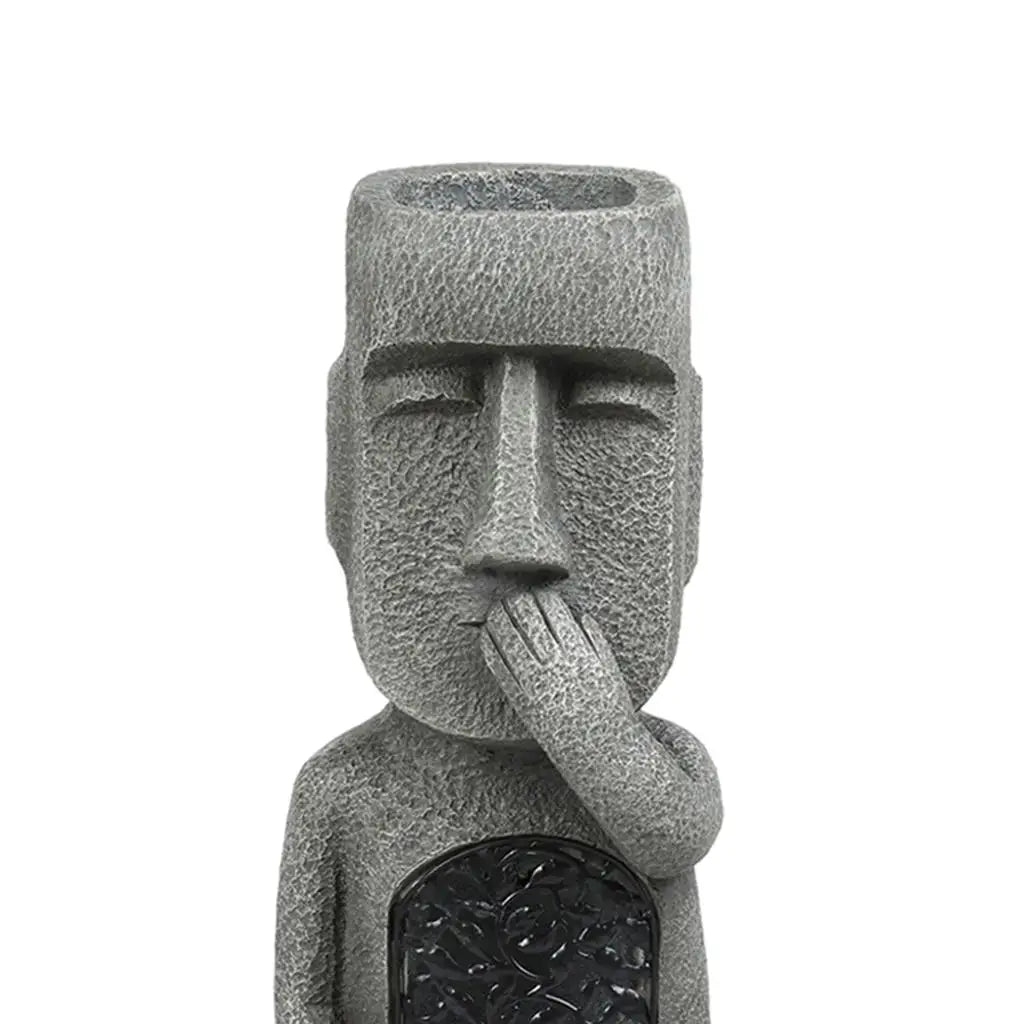 statues moai décoratives extérieures pots fleurs texture pierre motif floral gris noir