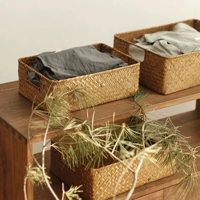paniers tissés marron clair rustiques boho chic poignées intégrées rangement multifonctionnel écologique