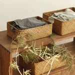 paniers tissés marron clair rustiques boho chic poignées intégrées rangement multifonctionnel écologique