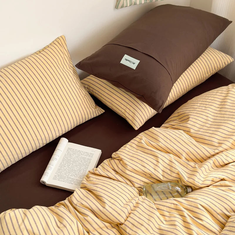 taies d'oreiller coton rayées jaune marron bleu violet 48x74cm respectueuses environnement minimaliste