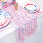 nappe festive séquins irisés transparent violet rose turquoise blanc anniversaire décoration scintillante assiettes gobelets