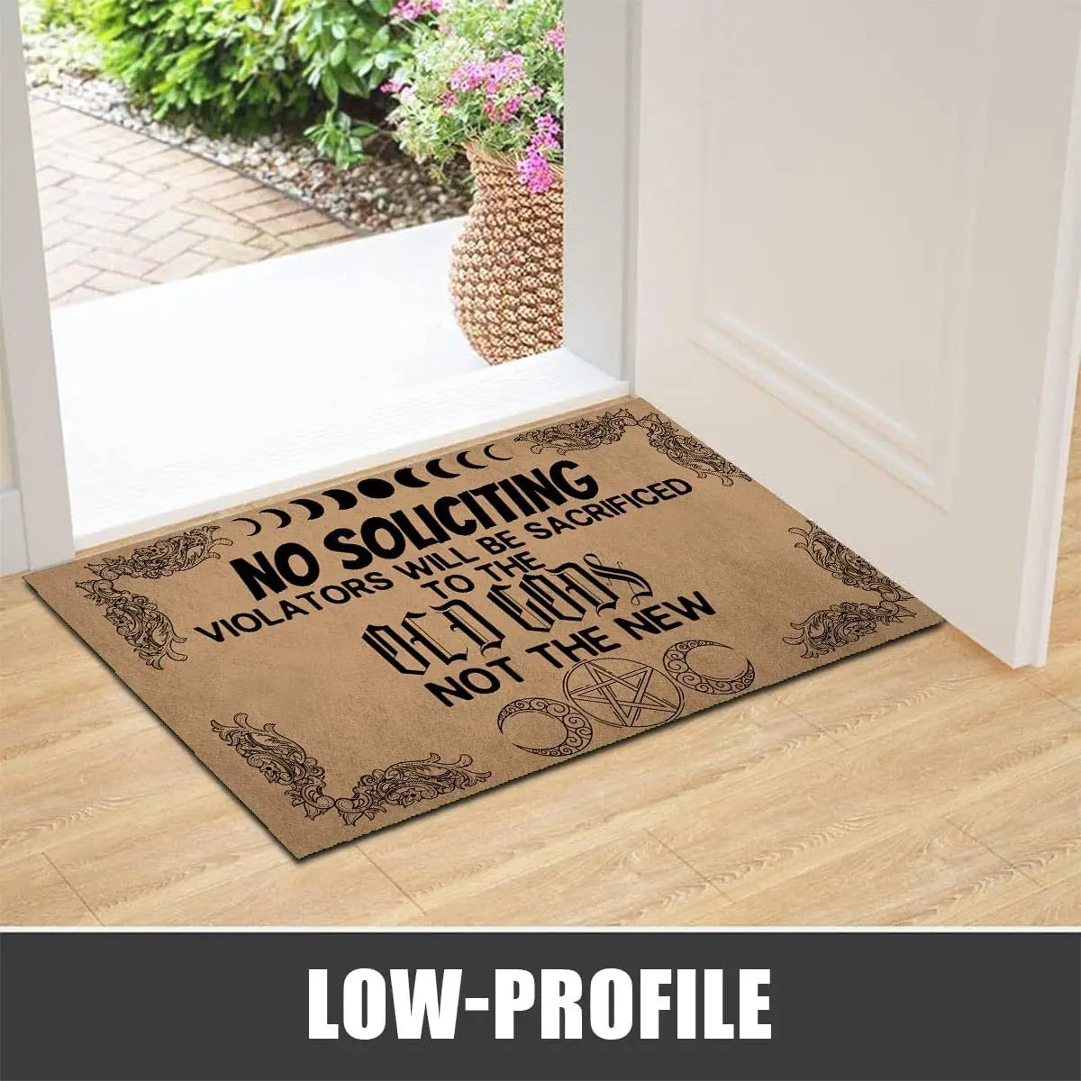 tapis d'entrée marron noir motifs floraux pentagramme anti dérapant vintage