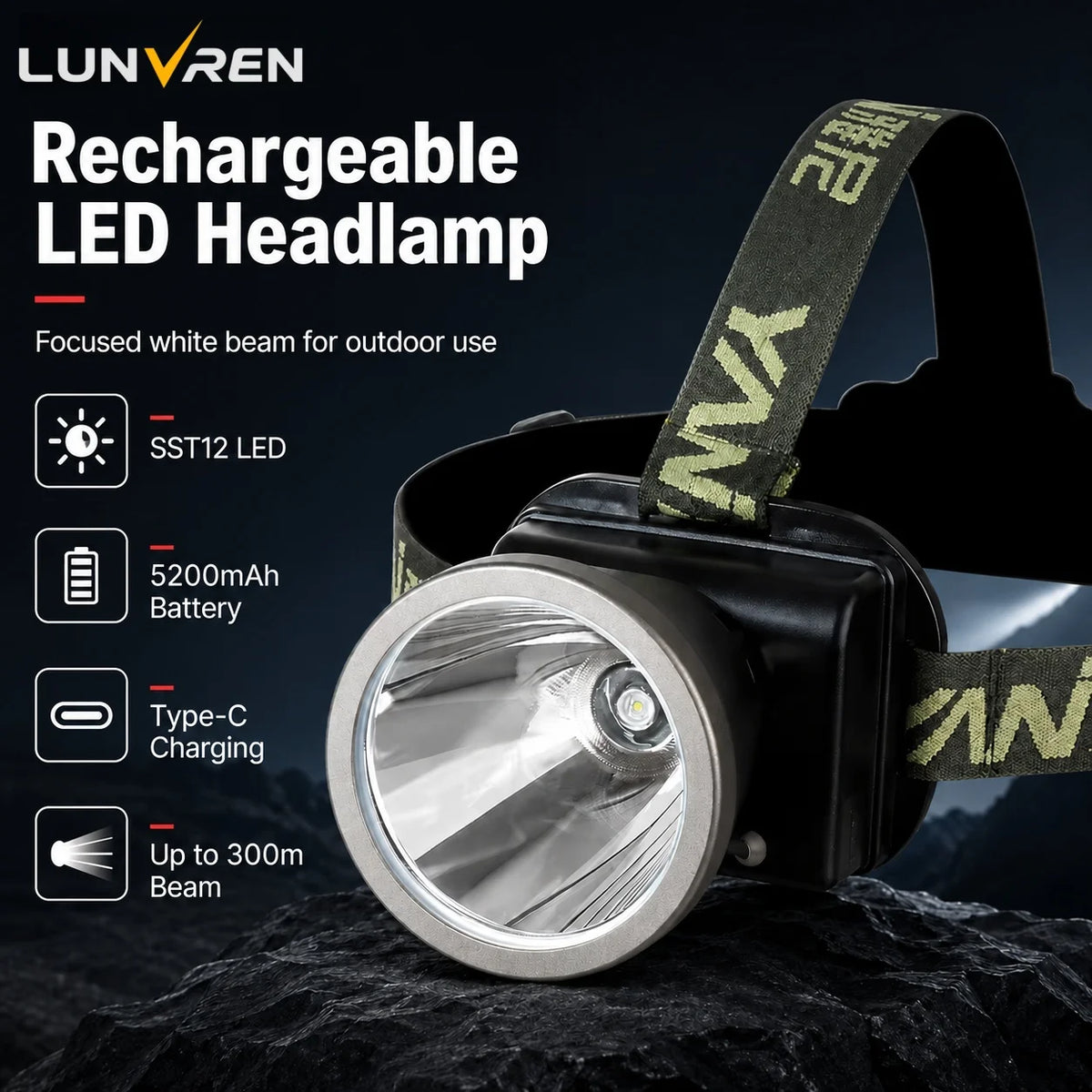 lampe frontale rechargeable led noire argentée ipx4 5200mah type modernisée adjustable