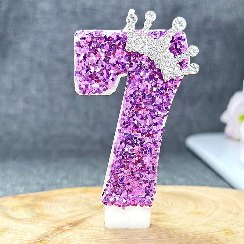 bougies anniversaire chiffre violet paillettes décoratives brillantes tringle fixations transparentes