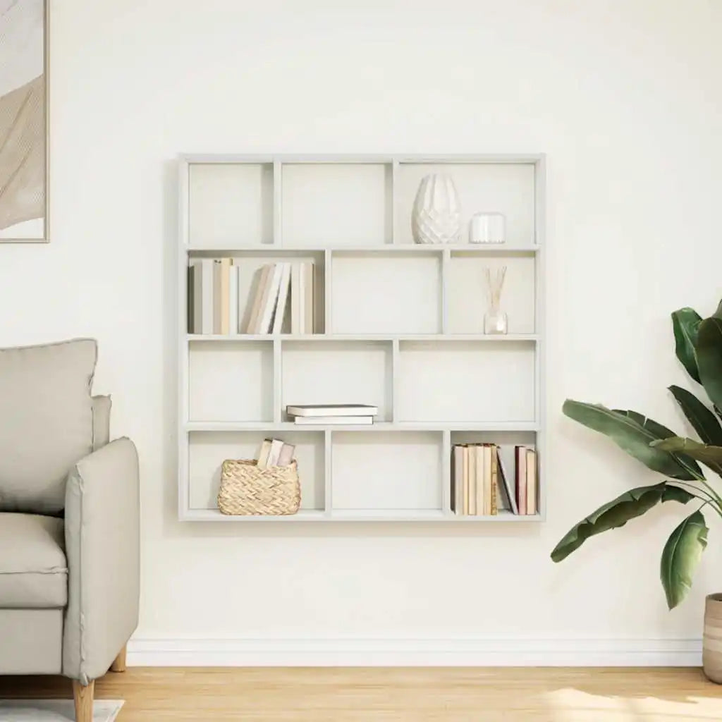 Détail des compartiments de l'étagère cube murale en bois d'ingénierie