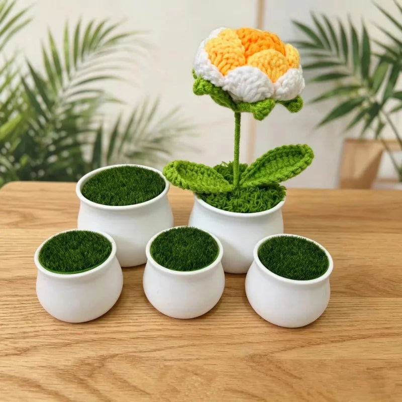 pots fleurs artificiels blancs fleurs crochetées fausse herbe verte décoration jardin