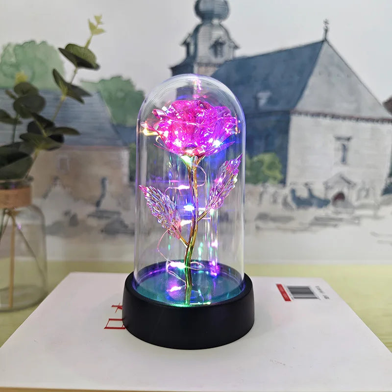 rose artificielle verre transparent led bleu doré décoration intérieure anniversaire saint valentin préparation mariage