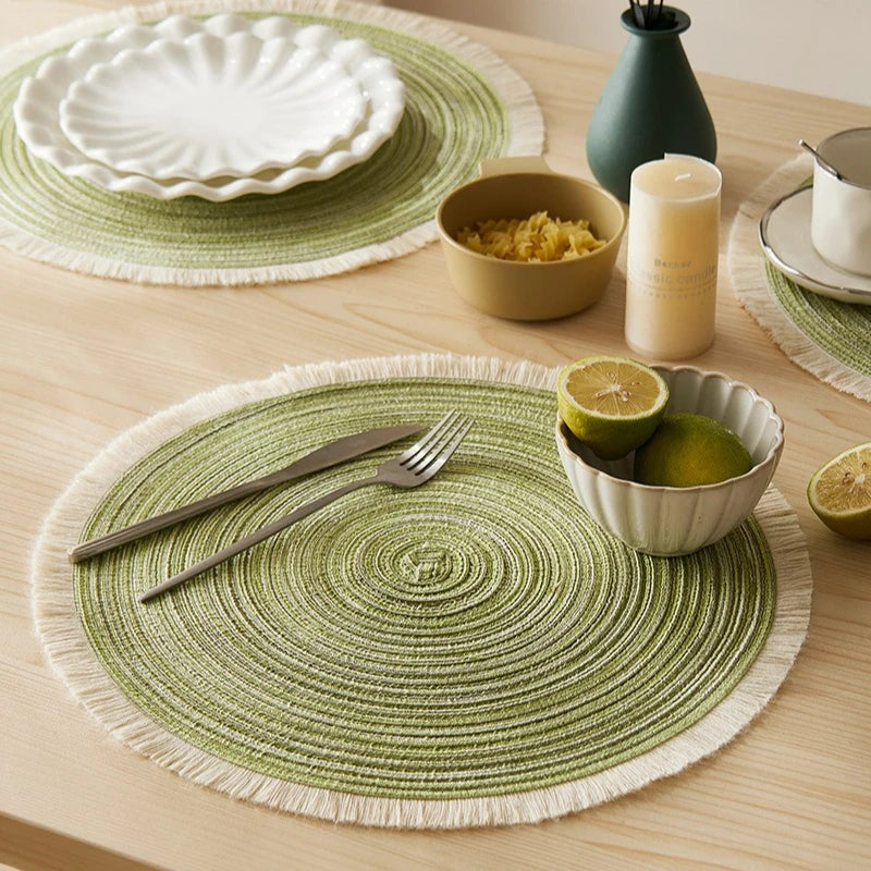 lot sets table ronds coton tressé vert gris beige motif spirale
