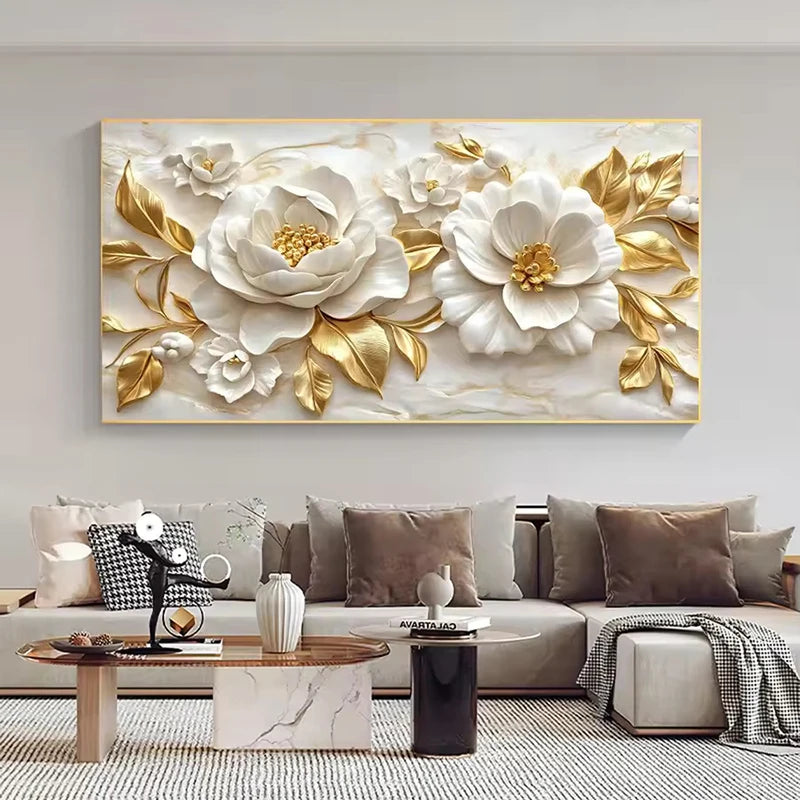 tableau mural moderne toile coton fleurs relief blanc doré sans cadre 20x40cm 30x60cm 40x80cm