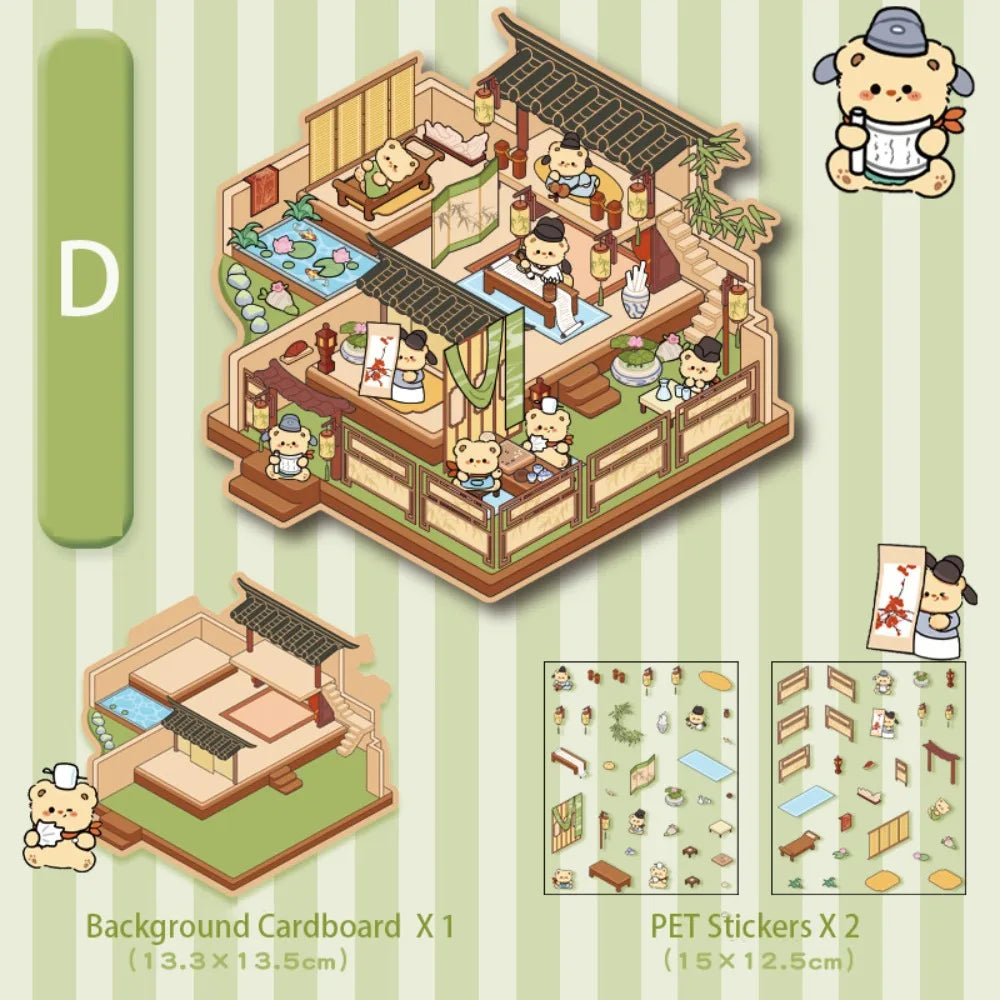 miniature scène 3d dessin animé adhésif personnages meubles décorations rose beige vert marron blanc