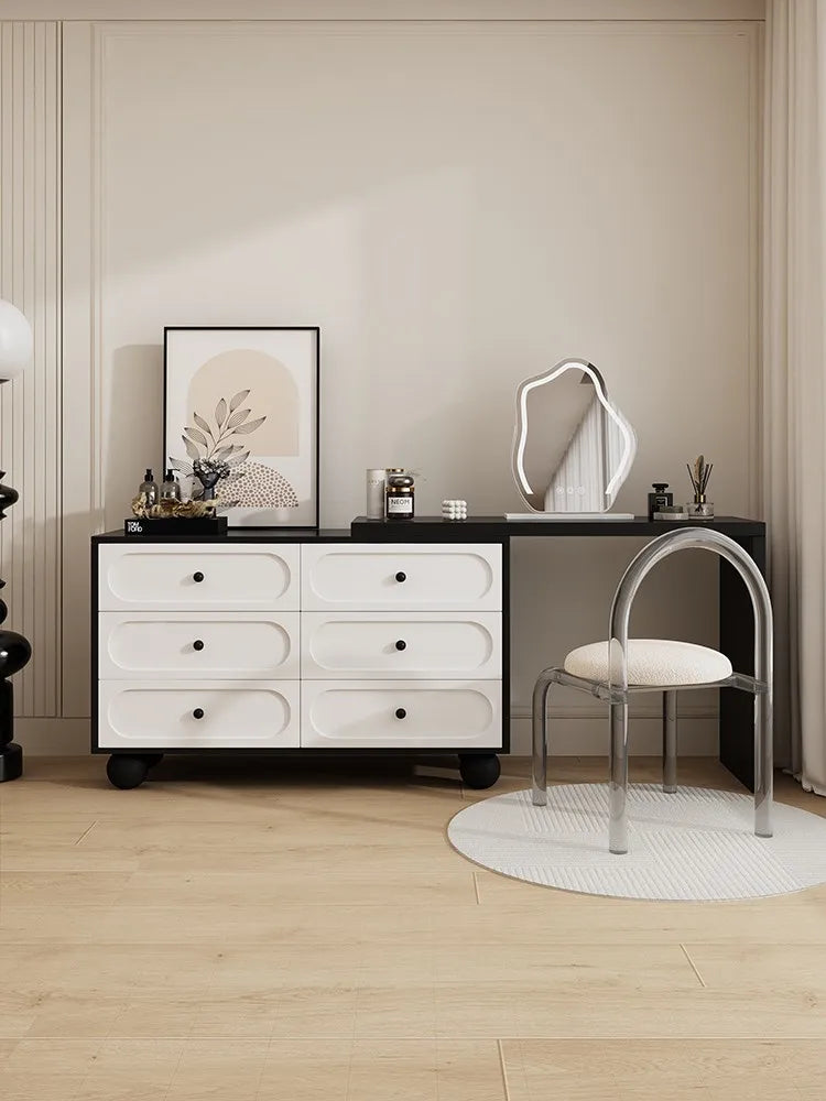 coiffeuse miroir blanc minimaliste moderne commode tiroirs noirs chambre meuble maquillage