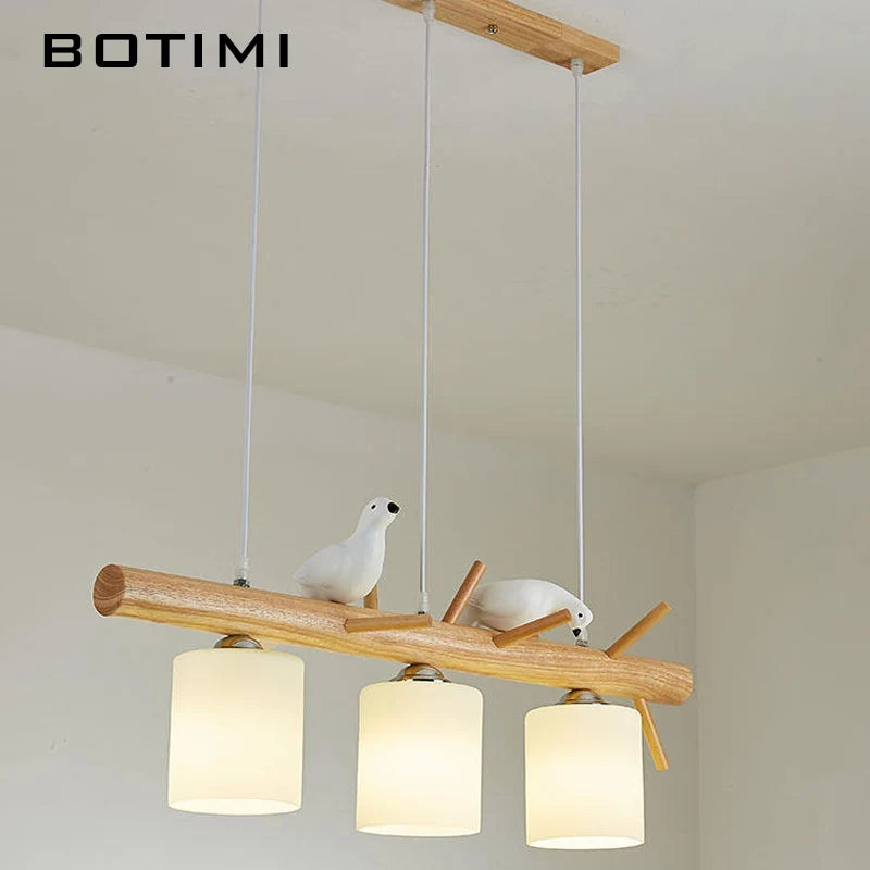 lampe suspendue moderne oiseaux blancs texture bois naturel chambre salon lumière chaînes blanches abat