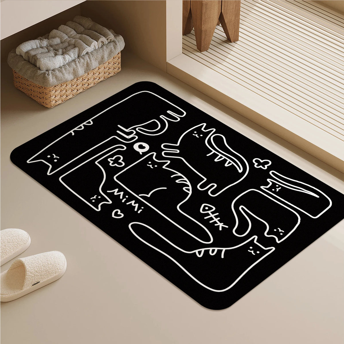 tapis sol caoutchouc antidérapant salle bain noir blanc dessins chats mimi cœur moderne