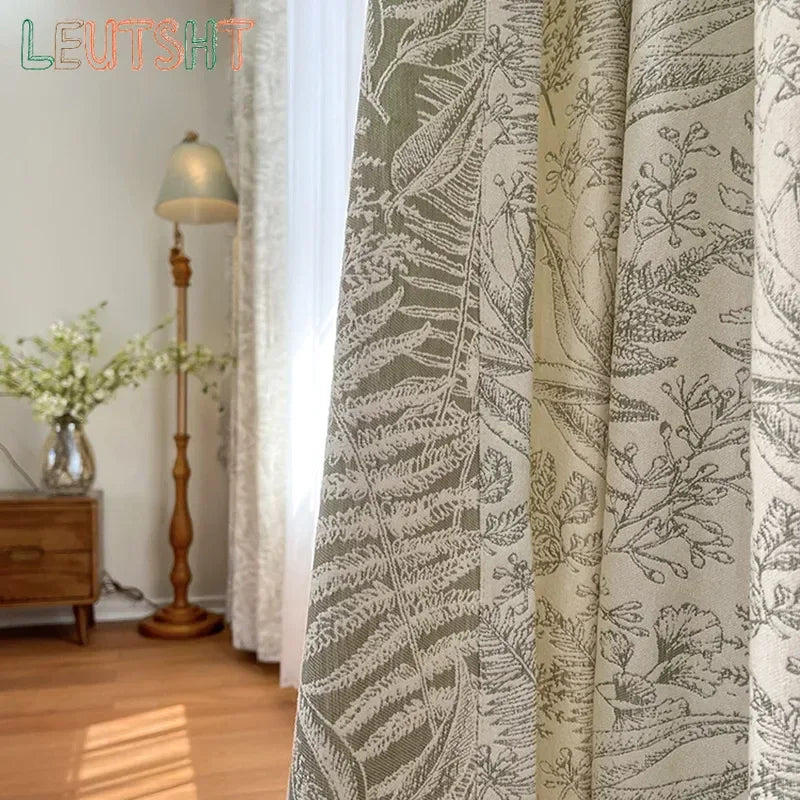 rideau épais vert clair gris motif fleurs feuilles salon chambre classique romantique moderne