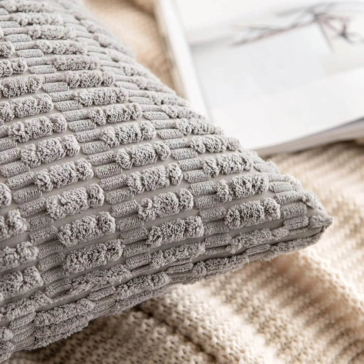 taies d'oreiller carrées polyester gris texture bohême moderne 40x40cm 50x50cm coussin intérieur fermeture glissière