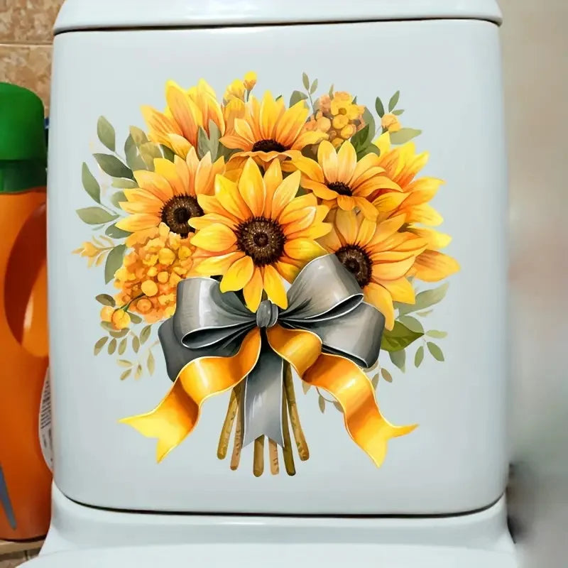 autocollants toilette moderne tournesols jaunes rubans gris vinyle pvc opaque décoration maison blanc