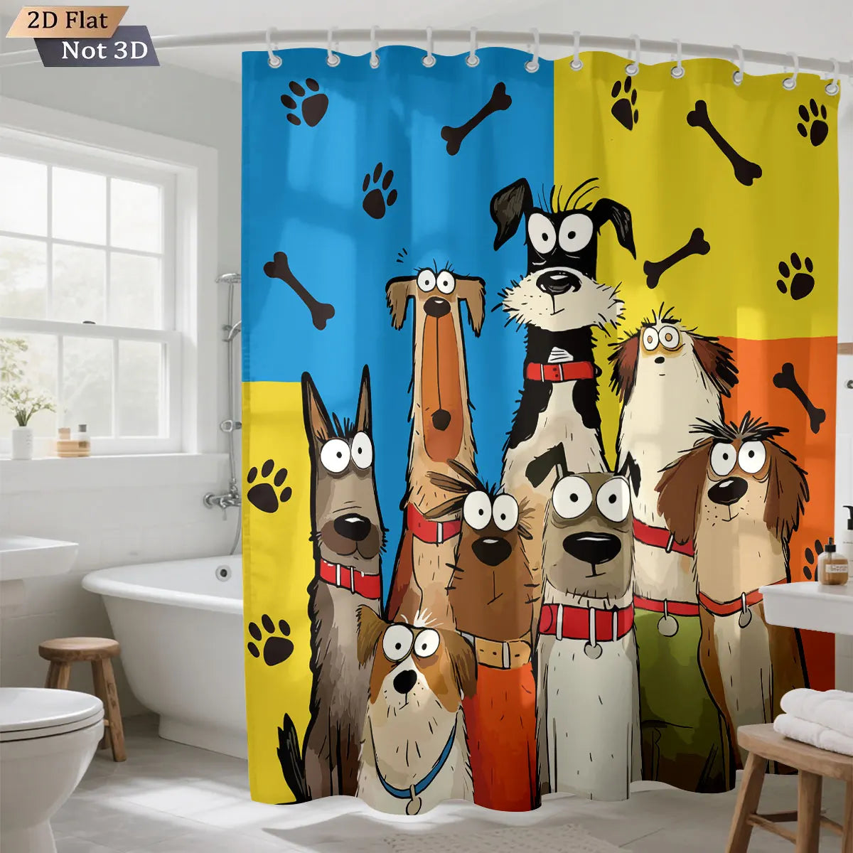 rideau douche imperméable dessins animés chiens bleu jaune opacité cartoon anneaux suspension polyester machine