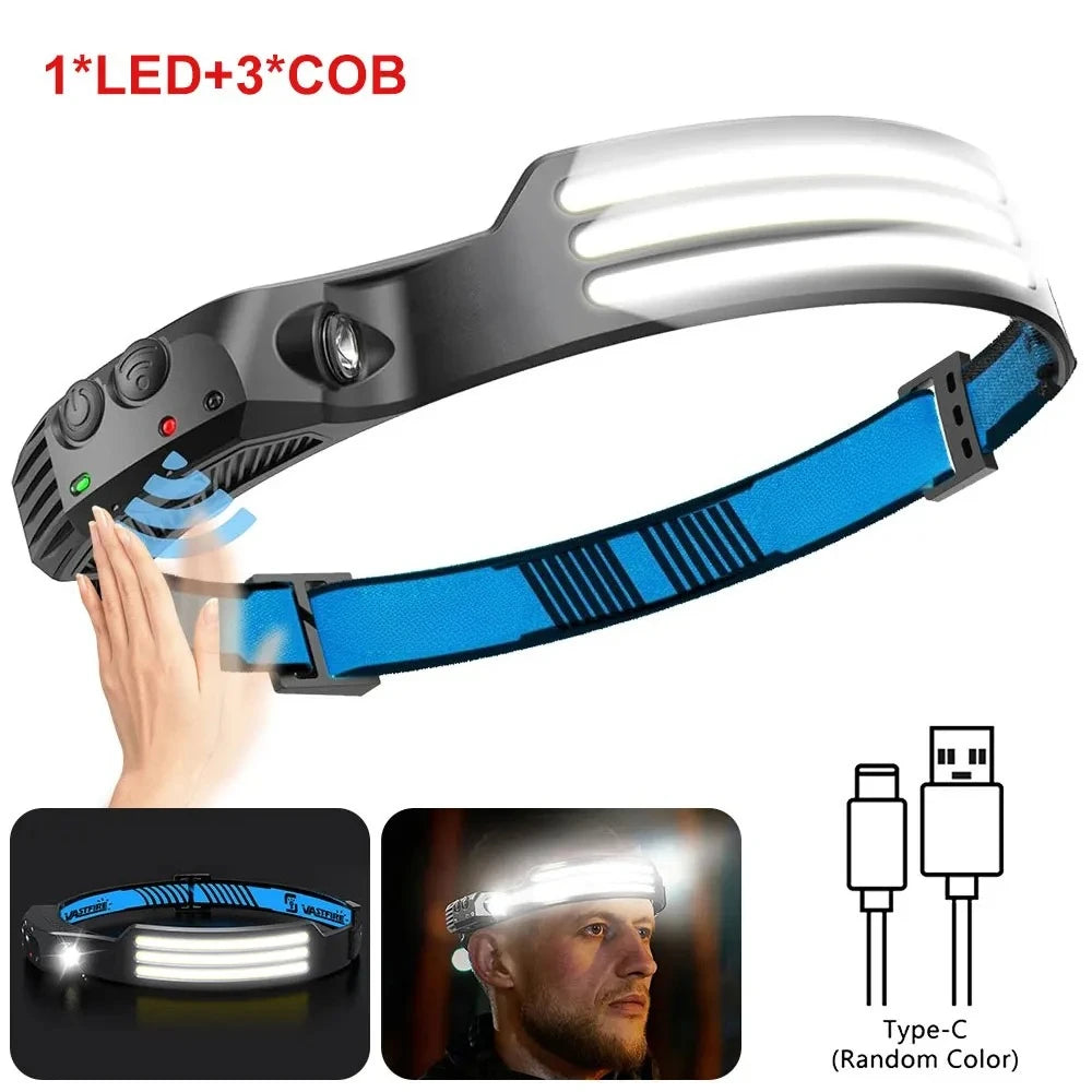 lampe frontale rechargeable usb étanche camping pêche travail bleu blanc moderne rayures horizontales boucle