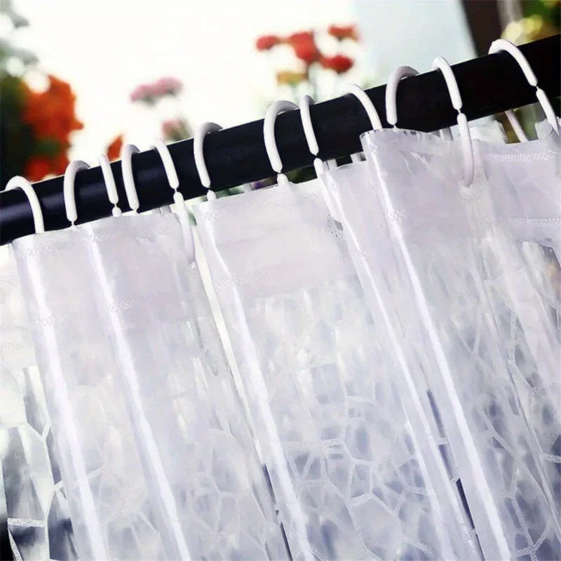 rideau douche transparent géométrique moderne pvc paillettes blanc argenté tringle noire anneaux crochets