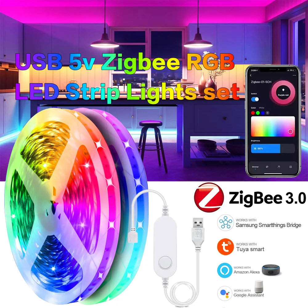 ruban led rgb multicolore adhésif contrôleur zigbee hub wifi câble usb moderne technologie
