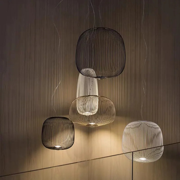Lustre suspension industriel design cage à oiseaux en métal noir