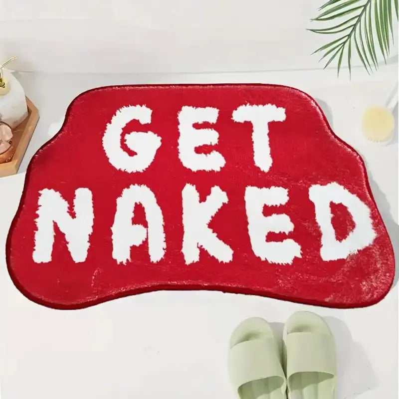 tapis bain antidérapant lettres GET NAKED peluche moderne noir gris rose