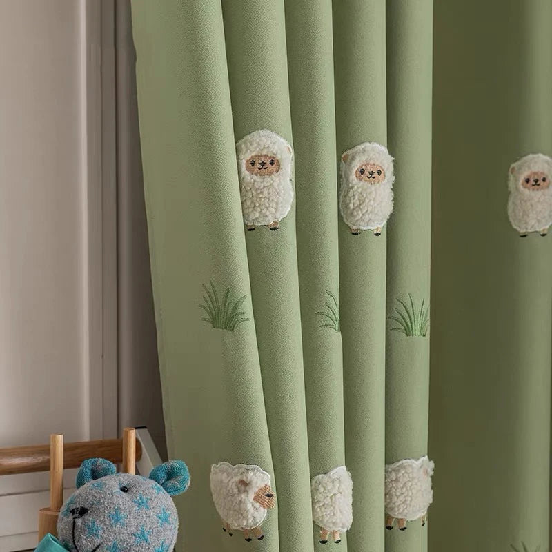 rideau vert clair brodé mouton herbe cartoon enfant chambre opaqueextérieur simple