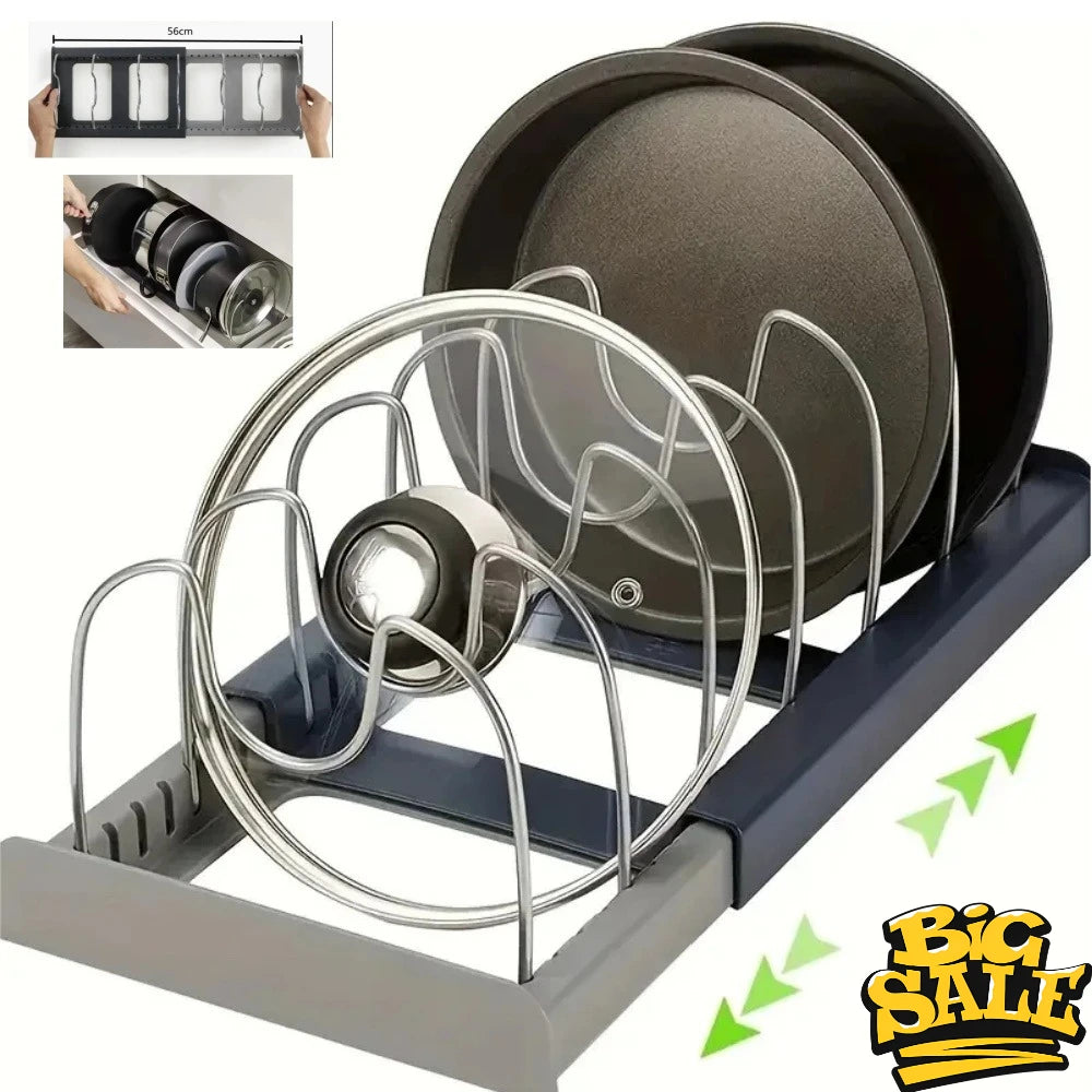 organisateur cuisine extensible gris moderne rangement couvercles poêles casseroles transparents ustensiles multifonctionnels adjustable.sections