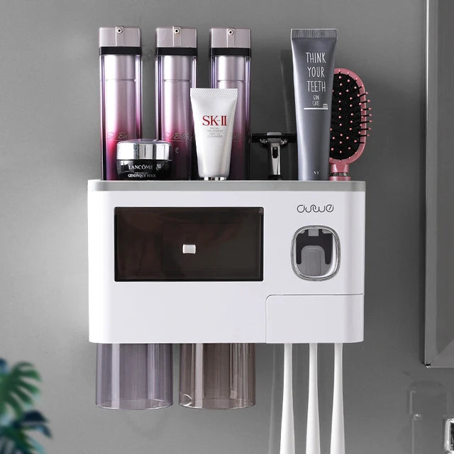 porte brosses dents distributeur dentifrice adhésif moderne blanc noir violet translucent
