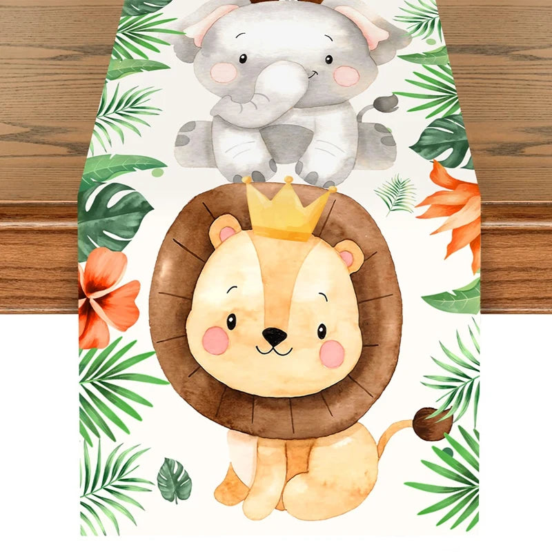 table cuisine nappe animaux savane aquarelle lion éléphant girafe zèbre enfant jungle festive