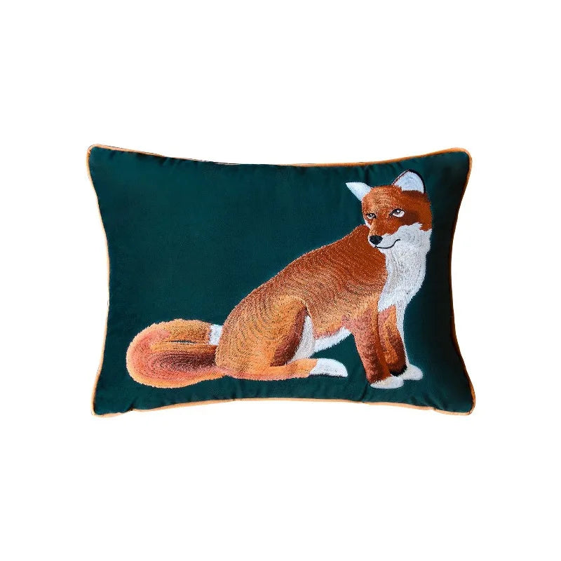 taie d'oreiller velours brodé renards animaliers décoratifs bleu vert orange carreau simple