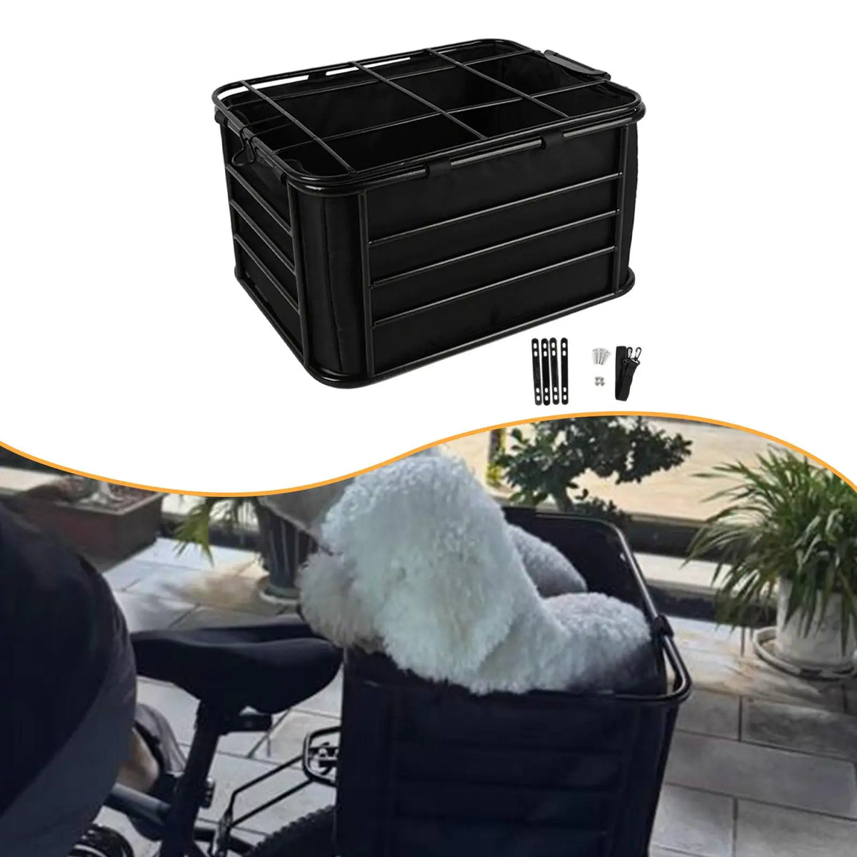 panier vélo arrière chien acier noir barreaux tissu opaque randonnée camping sortie plein air