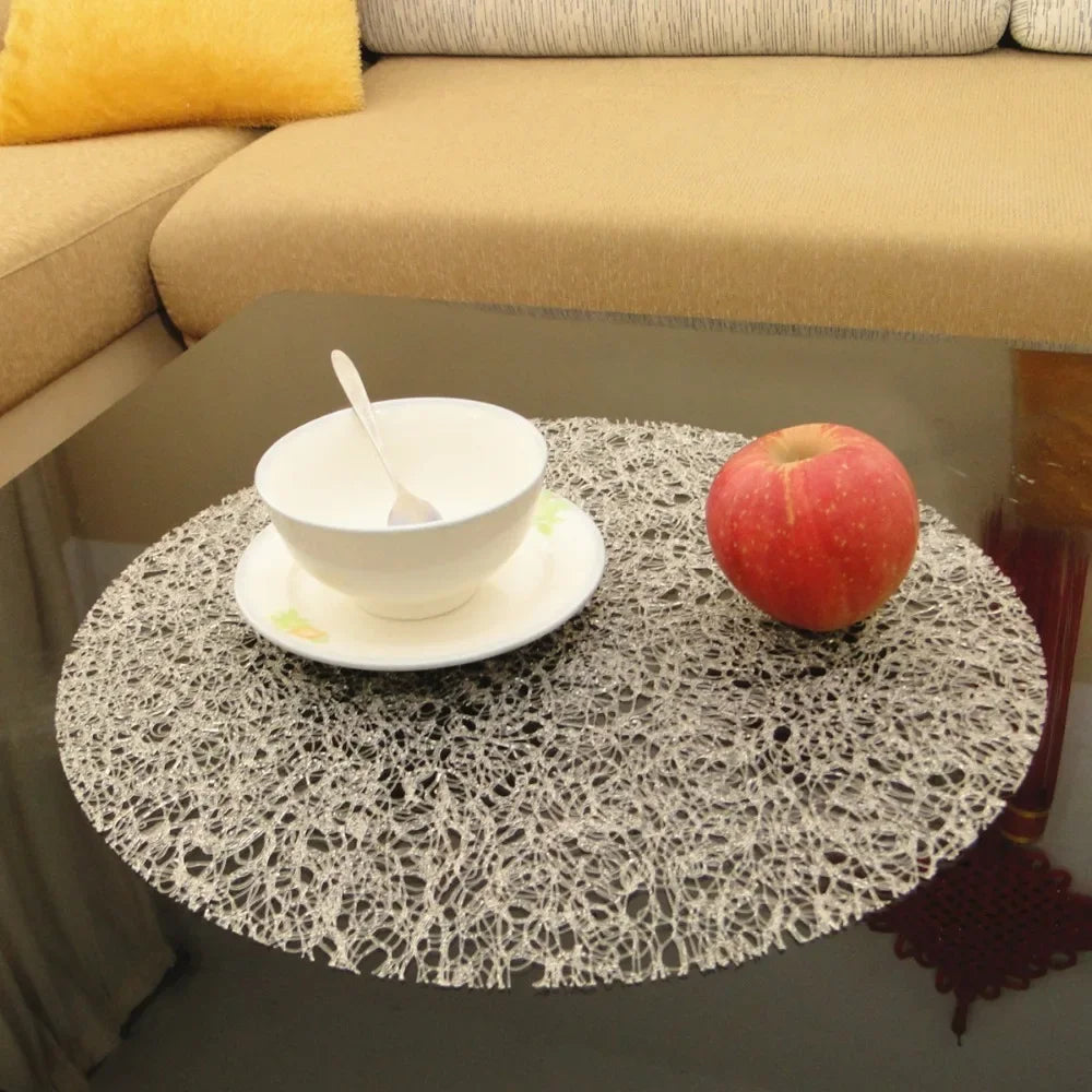 tapis antidérapant rond moderne or texture lacée semi transparent 38cm adaptable cuisine