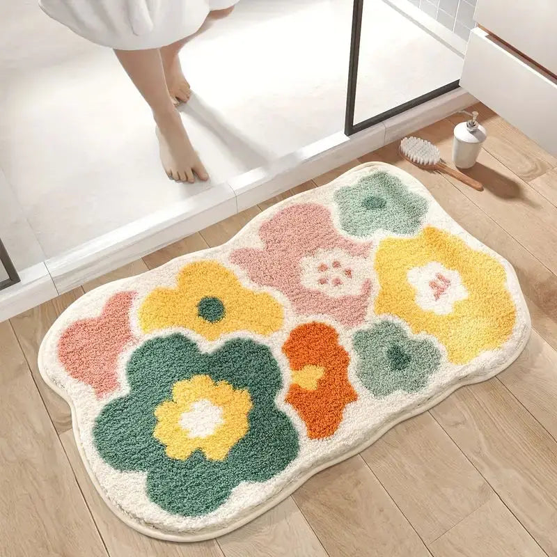 tapis bain fleurs colorées microfibre douce adhésif anti dérapant absorbant moderne vert jaune orange